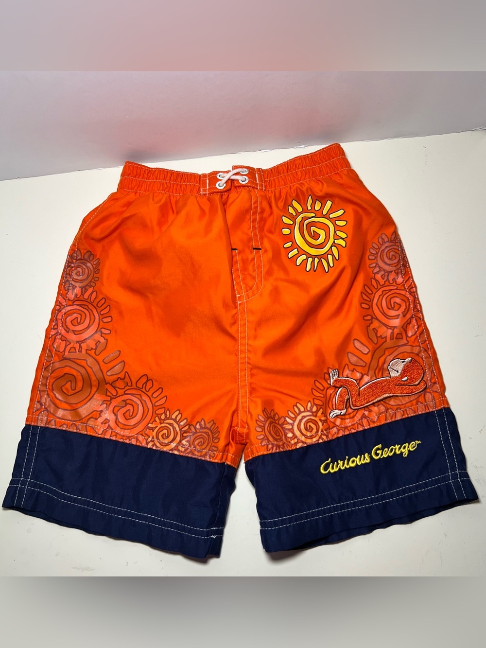 Vintage Y2K Curious George Adventures Swim Trunk Board Shorts Orange Retro Sun